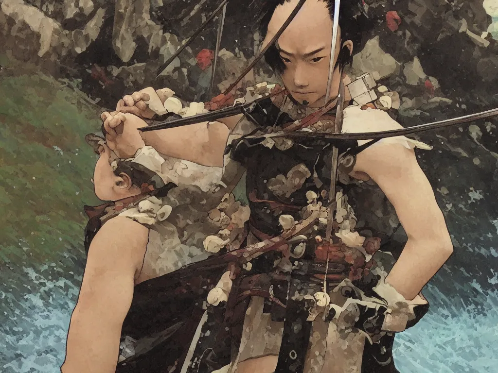 Prompt: close up of a samurai in full armor, training under a waterfall, by fiona staples, range murata, alphonse mucha