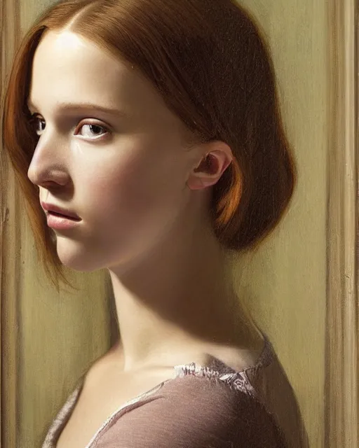 Image similar to a window - lit realistic portrait painting of a thoughtful girl resembling a young, shy, redheaded alicia vikander or millie bobby brown, lit by a window at the side, highly detailed, intricate, by leonardo davinci and rosetti