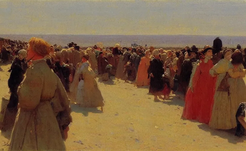 Prompt: high quality high detail painting by ilya repin, huge line of people fading into the background, hd