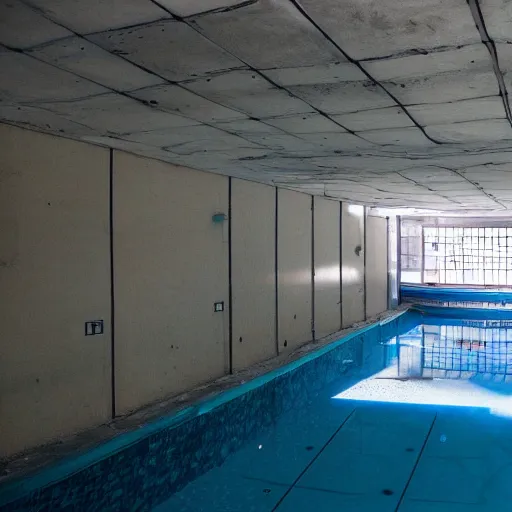 Prompt: a never ending empty pool, liminal space, found footage, sharp focus