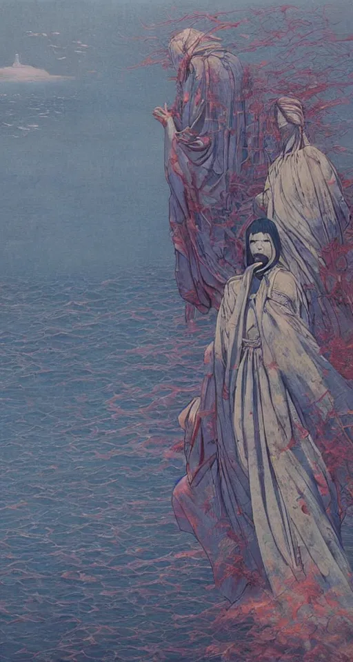 Image similar to worshippers in robes belonging to the cult of the lighthouse standing in waves, a lighthouse, high detailed Beksinski painting, part by Adrian Ghenie and Gerhard Richter. art by Takato Yamamoto. masterpiece, deep colours, blue