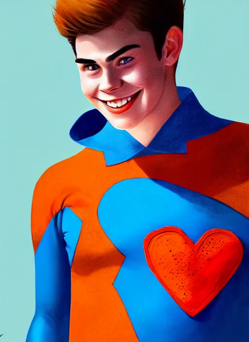 Image similar to friendly teenage archie andrews wearing an orange superhero costume with heart logo, heart, freckles, blue cape, heart emblem on chest, blue cape, intricate, elegant, glowing lights, highly detailed, digital painting, artstation, sharp focus, illustration, art by wlop, mars ravelo and greg rutkowski