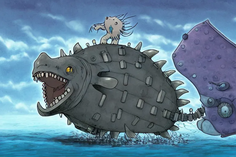 Prompt: cell shaded cartoon of a giant lovecraftian mechanized grey sunfish from howl's moving castle ( 2 0 0 4 ), in an icy river, full body, wide shot, very muted colors, post grunge, studio ghibli, highly detailed, deviantart, art by artgem