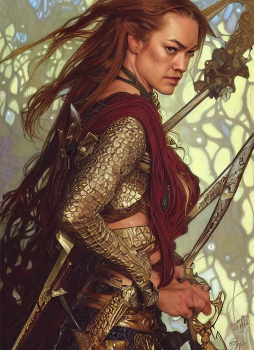 Prompt: Yvonne Strahovski as a beautiful warrior woman, fantasy, intricate, elegant, highly detailed, centered, digital painting, artstation, concept art, smooth, sharp focus, illustration, art by artgerm and donato giancola and alphonse mucha