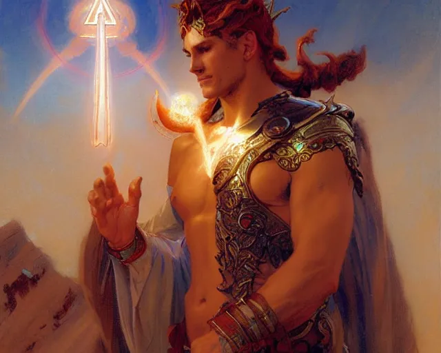 Image similar to attractive pagan male deity, summoning handsome lucifer morning star. highly detailed painting by gaston bussiere, craig mullins, j. c. leyendecker 8 k