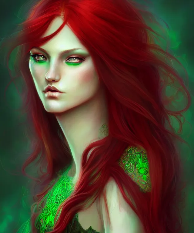 Image similar to Fae teenage girl, portrait, face, long red hair, green highlights, fantasy, intricate, elegant, highly detailed, digital painting, concept art, sharp focus