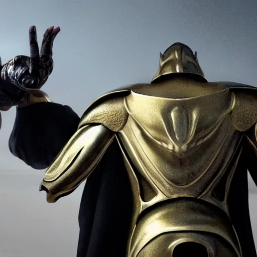 Image similar to a male humanoid giant with skin that looks like black and white porcelain, the giant is wearing a golden armor and his back has wings made of electricity, the giant has a thurible in his hand, cinematic detailed dune movie still