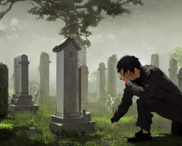 Image similar to a 50 year old brunnete chinese man kneeling over a grave in a cemetery, horror scene, dramatic, anime art, Greg Rutkowski, studio ghibli, dramatic lighting