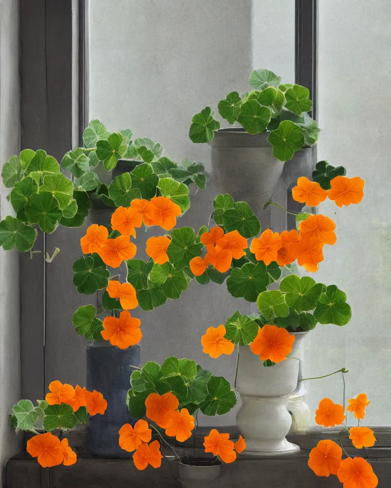 Image similar to fine artwork of a still life arrangement of flowering nasturtiums in japanese ceramic pots. soft light coming from a window in a dark room, moody, wabisabi, hygge