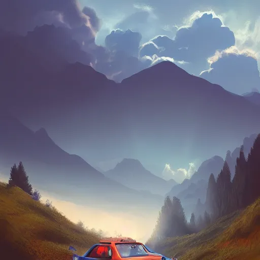 Image similar to blue fiat panda riding in mountains, dramatic light, clouds, artstation, hyper realistic, simon stalenhag