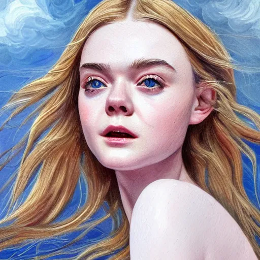 Image similar to professional painting of Elle Fanning in the style of Johfra Bosschart, head and shoulders portrait, symmetrical facial features, smooth, sharp focus, illustration, intricate, stormy weather, extremely detailed masterpiece,