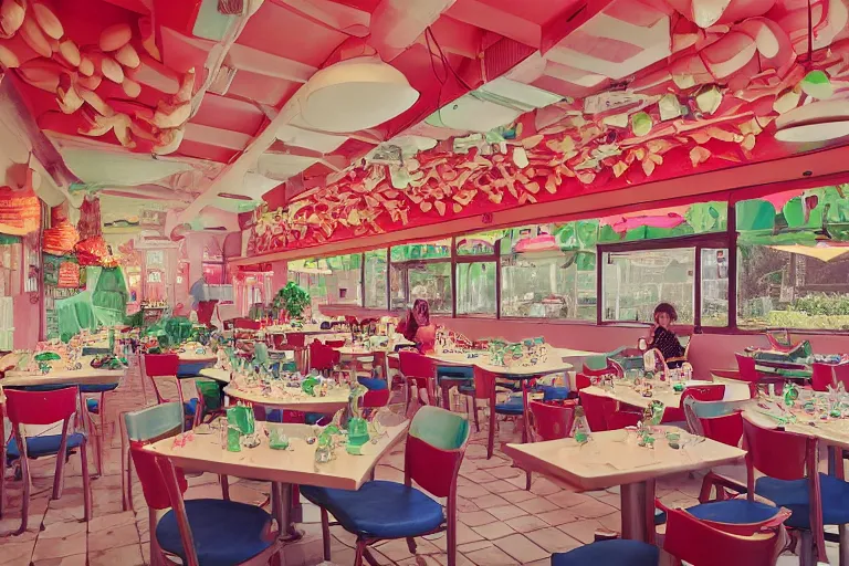 Prompt: 1 9 8 5 watermelon themed diner, very busy with full tables, fruitcore, watermeloncore, one point perspective, americana, restaurant interior photography, 5 5 mm