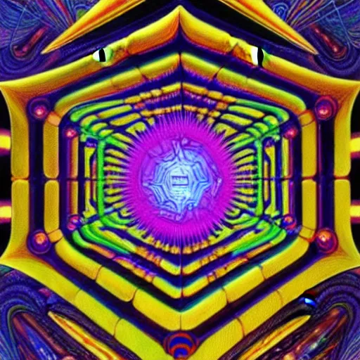 Image similar to cinematic view of a dmt hyper cube filled with intricate and perfect patterns, moebius, alex grey, android jones, oil on canvas, masterpiece, trending on artstation, featured on pixiv, cinematic composition, sharp, details, hyper - detailed, hd, hdr, 4 k, 8 k