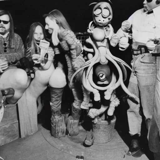 Prompt: photo of Cthulu having fun at the county fair with his friends, 1970s, 4k