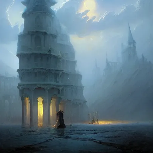 Prompt: a beautiful painting of a dark souls buildings by ivan aivazovsky and rhads and greg rutkowski and james gurney, in style of digital art, large crystal pillar, magic, mystic, hyper detailed, sharp focus, soft light. octane render. ray tracing. trending on artstation