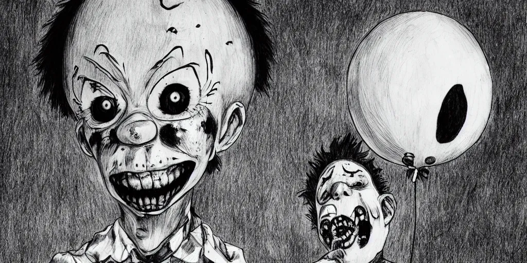 Image similar to A clown holding a balloon , horror, creepy, dark, manga,, pencil, inspired by junji ito, superior quality, masterpiece