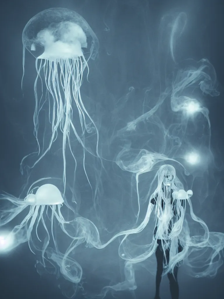 Image similar to cute fumo plush beautiful ectoplasmic gothic skeletal jellyfish ghost girl, glowing milky wisps of hazy smoke and volumetric fog on a stormy reflective river, lens flare, subsurface scattering, vignette, asymmetry, bokeh, refraction, vray