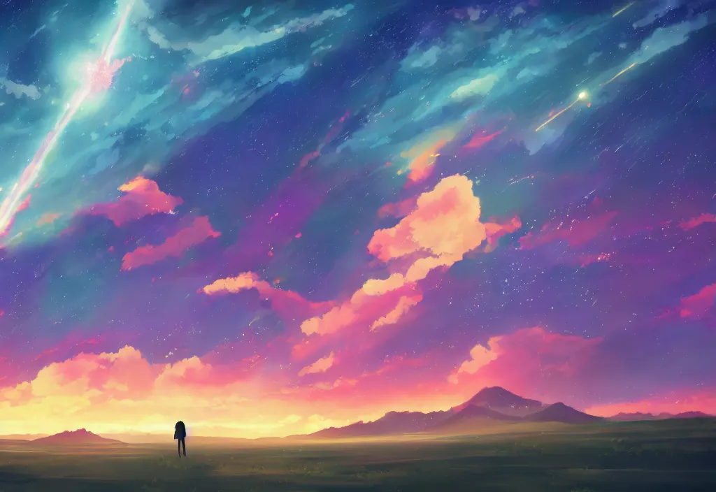 Prompt: breathtaking digital painting of the sky of kimi no na wa, by celestialfang, ghibli, pastel colors and shooting star in northern light love, lovers under skies