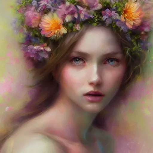 Prompt: flower goddess, pastel colors, pearlescent, fantasy, featured on artstation, in the style of daniel gerhartz and krenz cushart, Alexis Franklin, Thomas River, WLOP, Artgerm