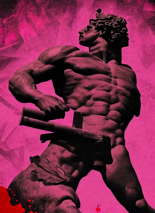 Image similar to black background with subtle red and purple design elements, statue of hercules, nekro, graphic design, collage art, thin lines, dark, glitch art, neo vaporwave, gritty, layout frame, trending on artstation