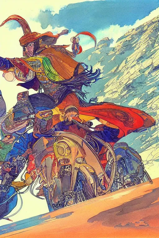 Prompt: wide angle on fantasy lama rider with hood or hat, scifi, art by moebius, in watercolor gouache detailed paintings, in style of syd mead, colorful comics style, artstation
