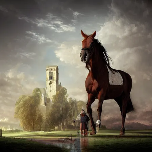 Image similar to plano general de un caballero montado a caballo, colina de fondo con castillo medieval. digital art, art station, realista,