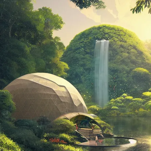 Image similar to geodesic dome in front of a lake with gardens and waterfall, gapmoe kuudere moody lighting stunning bokeh highlights sharp contrast | trending pixiv fanbox | by greg rutkowski makoto shinkai takashi takeuchi studio ghibli