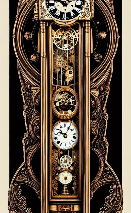 Image similar to ornate steampunk grandfather clock, high details, intricately detailed, by vincent di fate, inking, lineart, 3 color screen print, masterpiece, trending on artstation,, sharp, details, hyper - detailed, hd, 4 k, 8 k