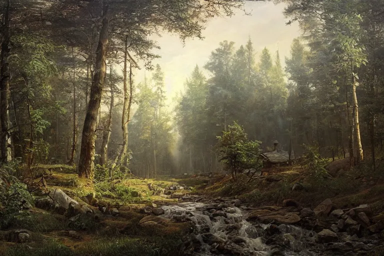 Image similar to A beautiful painting of russian village in dark forest by ivan shishkin and arkhip kuindji, trending on artstation,matte painting