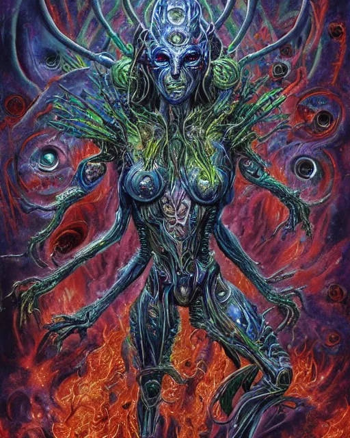 Prompt: silver mechanical charred bloody fleshmetal obliterator cyborg daemonhost woman psychedelic flamer of tzeentch with extra arms guns, blue and green rainbow fire, by antonio j. manzanedo, alex grey, android jones, wayne barlowe, philippe druillet, josephine wall, harumi hironaka, cronenburg, trending on artstation