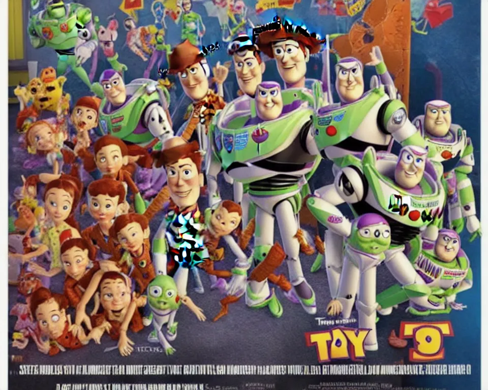 Image similar to a horror movie poster featuring toy story characters