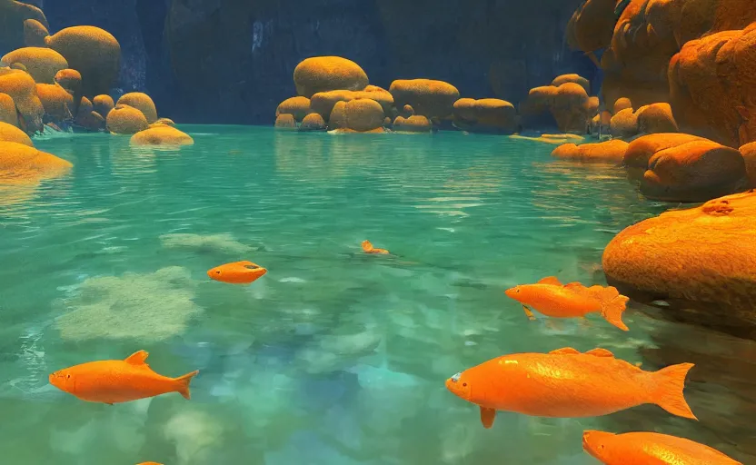 Image similar to a cave lake with some orange fish swimming inside, studio ghibli, pixar style, octane render, unreal engine 5, path traced, highly detailed, high quality, 8 k, soft lighting, godrays, complementary colors, natural lighting, water parallax, serene landscape, beautiful, elegant, digital painting