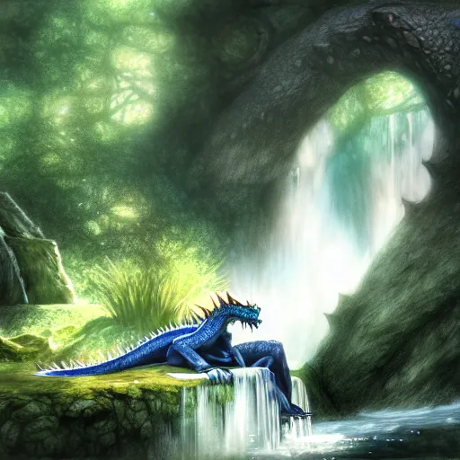 Image similar to furry art, female dragon sleeping by a waterfall, commission, color page, tankoban, 4 k, tone mapping, jaime jones, alan lee