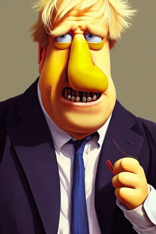 Image similar to Boris Johnson as a Simpsons character, realistic portrait, symmetrical, highly detailed, digital painting, artstation, concept art, smooth, sharp focus, illustration, cinematic lighting, art by artgerm and greg rutkowski and alphonse mucha