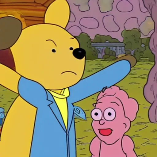 Image similar to winnie the poo in rick and morty