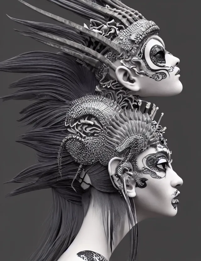 Image similar to 3 d goddess close - up profile simple portrait punk with mohawk with goat skull. beautiful intricately detailed japanese crow kitsune mask and clasical japanese kimono. betta fish, jellyfish phoenix, bio luminescent, plasma, ice, water, wind, creature, artwork by tooth wu and wlop and beeple and greg rutkowski