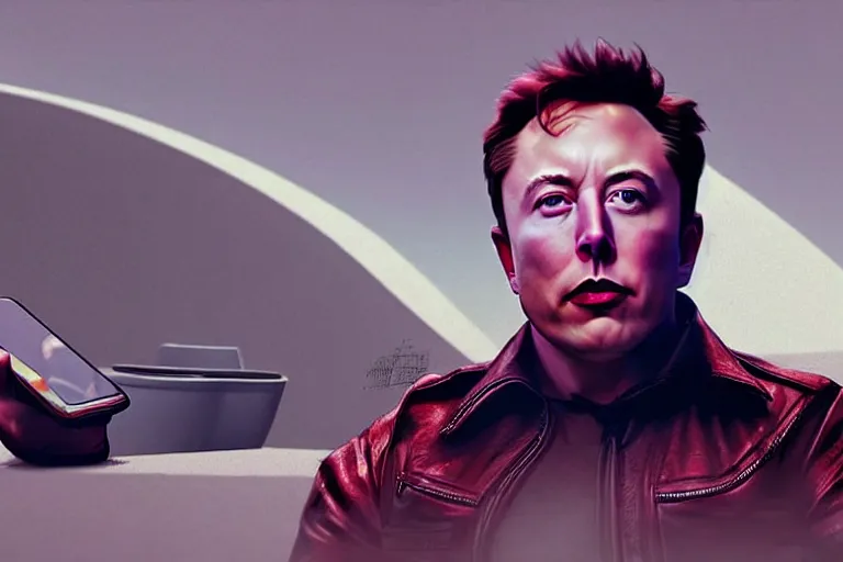 Image similar to hyperrealism aesthetic ridley scott and denis villeneuve style photography of a detailed giant elon musk, siting on a detailed ultra huge toilet and scrolling his smartphone in hyperrealism scene from detailed art house movie in style of alejandro jodorowsky and wes anderson