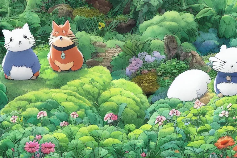 Image similar to cute fluffy creatures in the cabbage garden by studio ghibli, very high detail, 4k