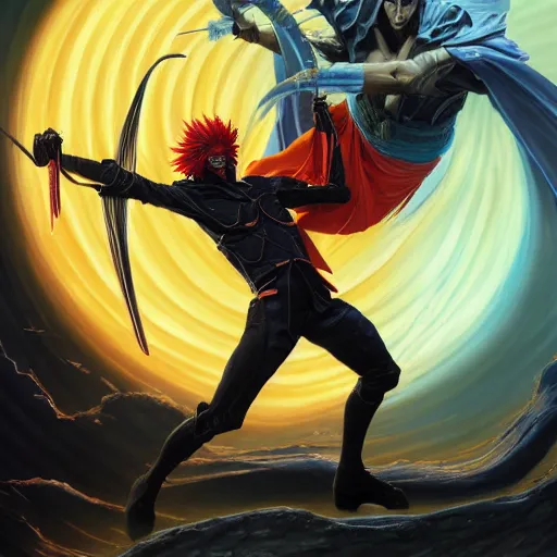 Image similar to Virgil fighting Ichigo Kurosaki, detailed, centered, digital painting, artstation, concept art, donato giancola, Joseph Christian Leyendecker, WLOP, Boris Vallejo, Breathtaking, 8k resolution, extremely detailed, beautiful, establishing shot, artistic, hyperrealistic, beautiful face, octane render, cinematic lighting, dramatic lighting, masterpiece