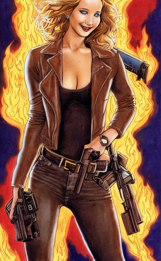 Image similar to Milo Manara comic cover art, Jennifer Lawrence with guns, smile, direct gaze, brown leather jacket, jeans, full body, building on fire, neon colors, detailed, 4k