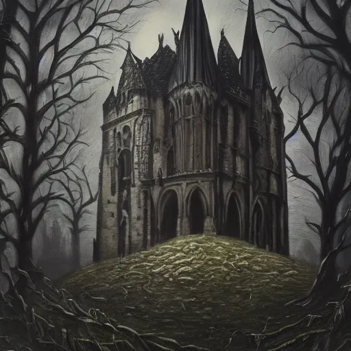 Image similar to dark and eerie gothic castle, extremely detailed, oil painting