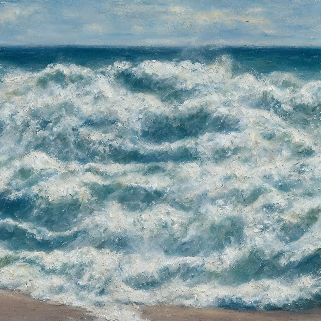 Prompt: beach scene with large waves crashing down, the water and waves and sea foam painted in very thick impasto