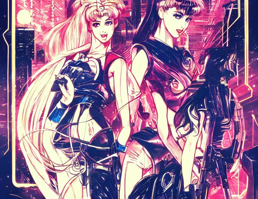 Prompt: illustration of sailor moon in the world of blade runner 1 9 8 2, poster in 8 0 s style, joao ruas style