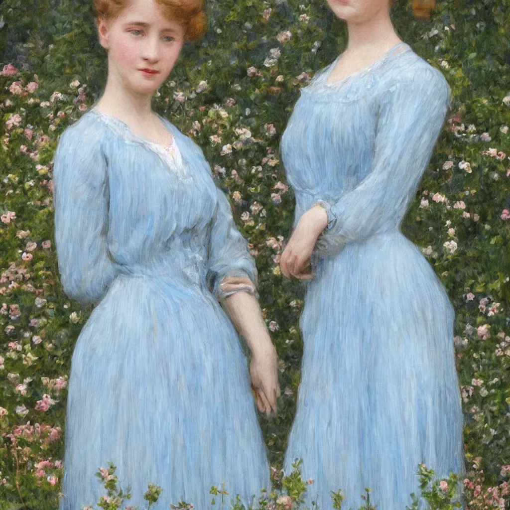 Image similar to portrait of a young lady in a light blue dress 1 9 0 0 s one entire head shown in great detail, she doesn't have a face, in a beautiful garden, looking at the camera, full body in camera, blonde hair, garden, photorealistic, extreme detail, sharp focus, 8 k, intricate, hyper detailed, realistic, cinematic lighting