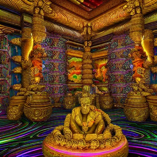 Image similar to Photorealistic inside a temple made of snakes. Hyperdetailed photorealism, 108 megapixels, amazing depth, glowing rich colors, powerful imagery, psychedelic Overtones