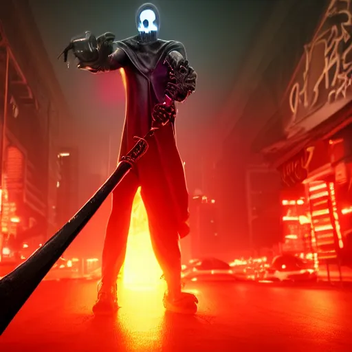 Image similar to hyperrealistic neon grimm reaper holding a scythe, photorealistic cinematic render, octane render, cyberpunk in hell, fog, fire, 8 k, unrealengine