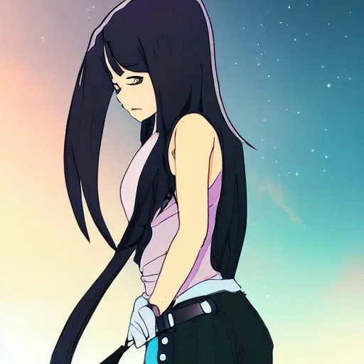 Image similar to upper body portrait of a beautiful girl with long Neon hair, wearing black riot gear, holding a whip, drawn by Makoto Shinkai, in the style of Studio Ghibli , attractive character, colored sketch anime manga panel, trending on Pixiv