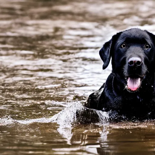 Prompt: black labrador retriever swimming in a creek, high quality, 4 k, photograph