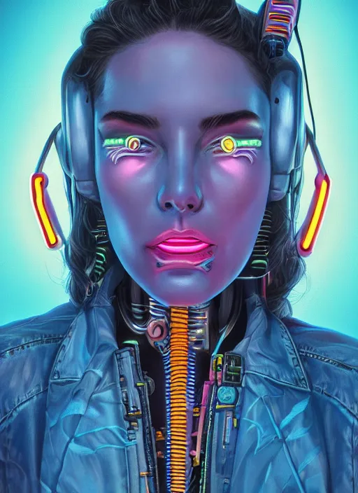 Prompt: portrait of a cyborg humanoid girl with mechanical and electronic element, denim jacket surrounded by neon light, Michael Whelan and Tristan Eaton, highly detailed, trending on artstation
