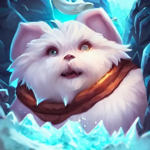 Image similar to legends of runeterra HD splash art pinterest cute small poro freljord snow soft fur happy huge tongue